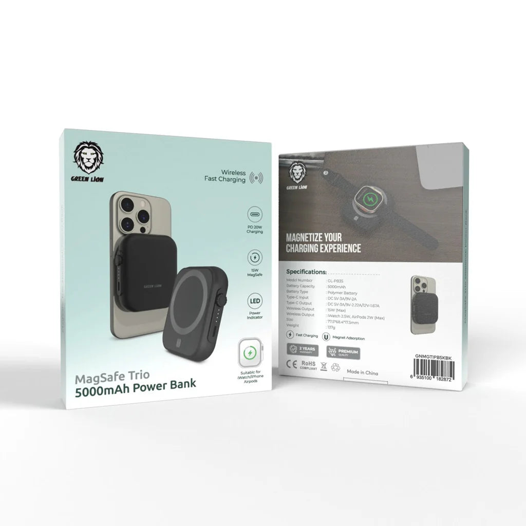 Magsafe Trio Power Bank 5000 mAh PD 20W Black by Green Lion